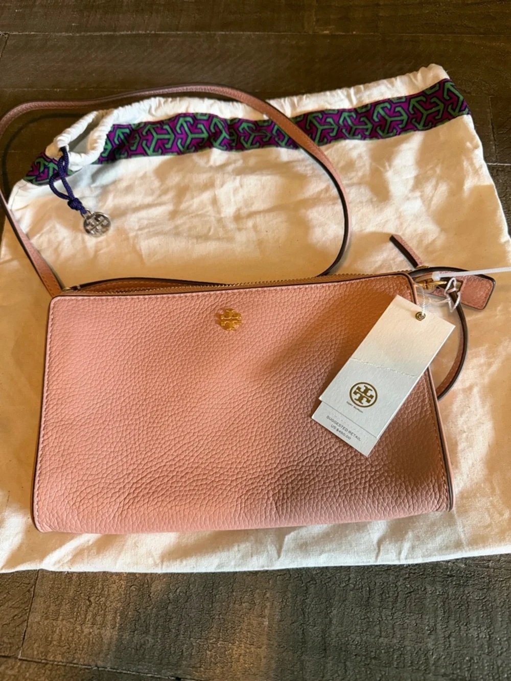 Tory Burch Blush Pink Pebbled Leather Crossbody with Gold Logo NWT
